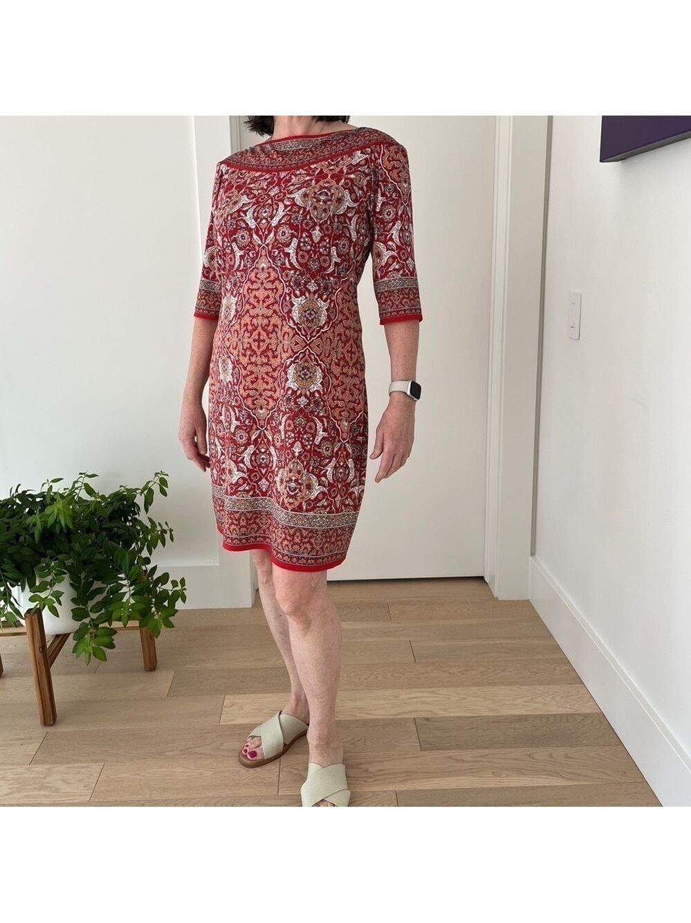 MAX STUDIO Dress Red Patterned Boat Neck 3/4 Sleeve Above Knee Travel Resort